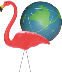 A pink flamingo, carrying the world on its back