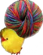 Marjorie carrying a ball of yarn