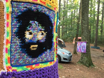 Jerry Garcia yarn-bomb on a tree