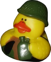Rubber duckie dressed in camo with the world on its back