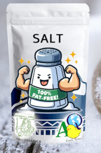 A fat-free salt package with a logo of a salt-shaker with arms flexing its muscles