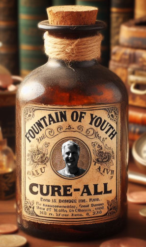 An old-fashioned bottle with the words “Fountain of Youth” and “Cure-all” next to an image of Silver Eagle