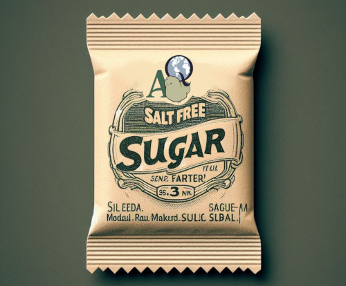 An old-fashioned sugar packet labeled as fat-free and includes the AQ logo