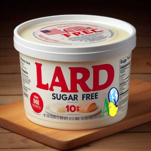 A tub of sugar-free lard labeled with the AQ logo.